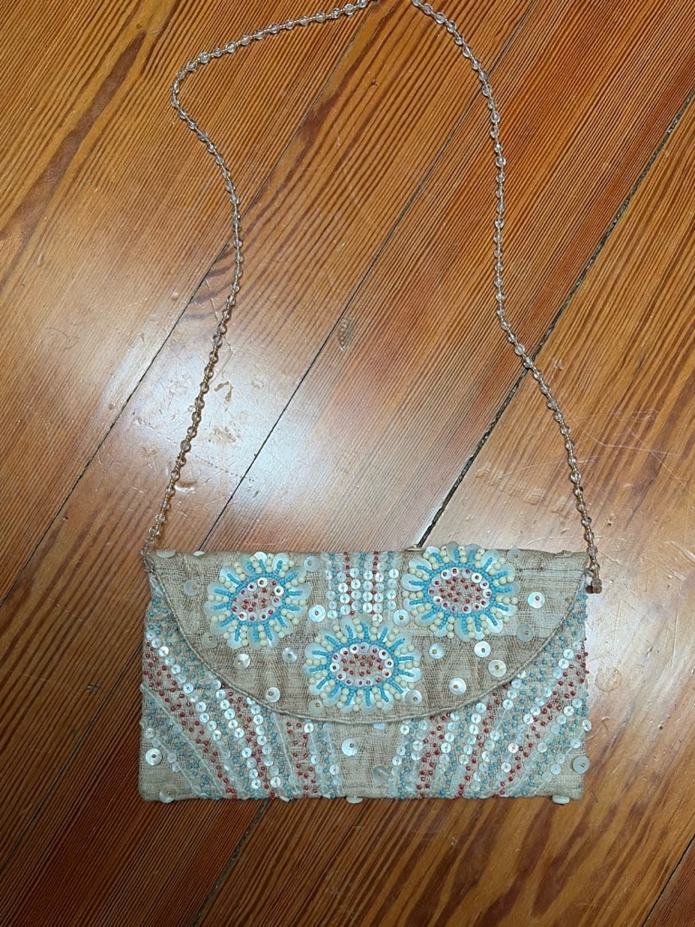 Moya Embellished Beaded Tan Crossbody Clutch